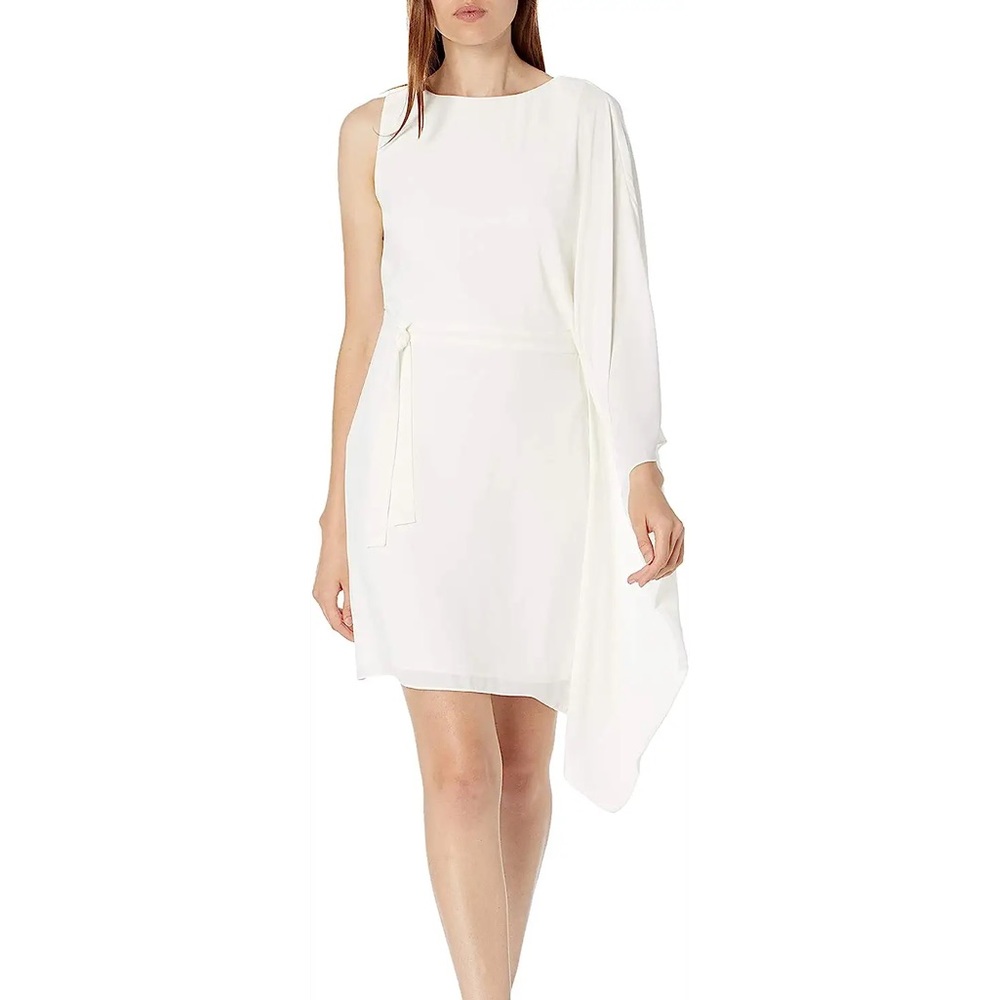 Halston evening collection white crew neck dress with flowy sleeve